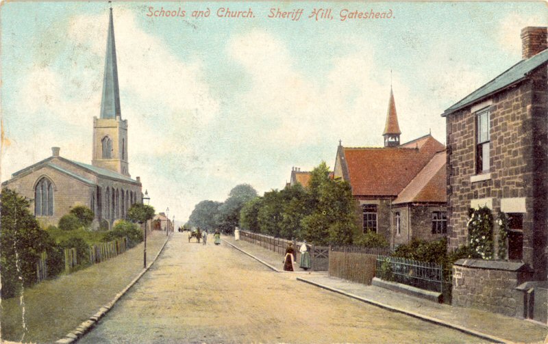 post card from 1905 showing St John's Church and old school buildings at Sheriff Hill Ga