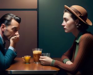 Sad couple at a café table